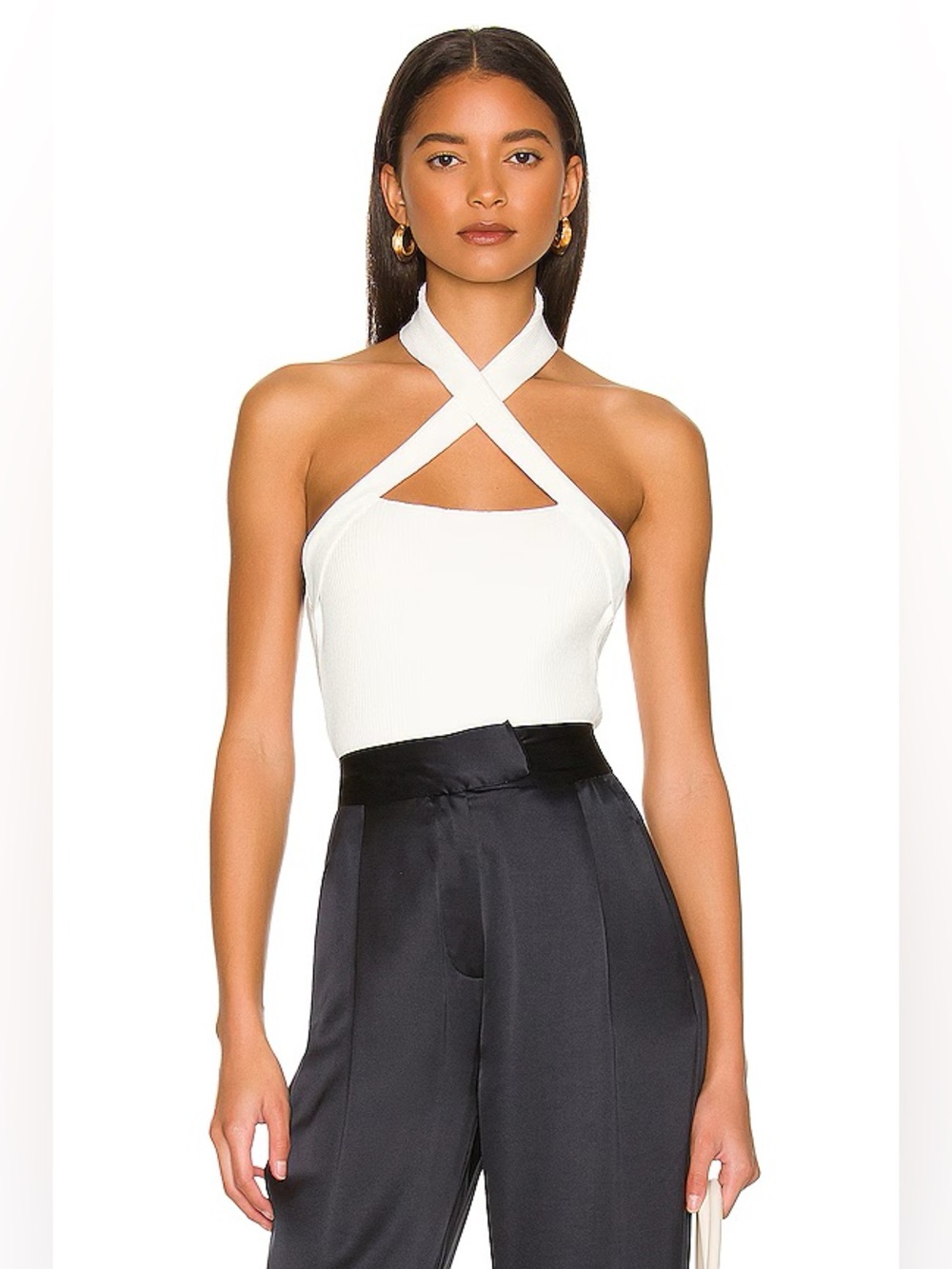 NBD Yvette Ivory Ribbed Cross Neck Cutout Halter Top Small